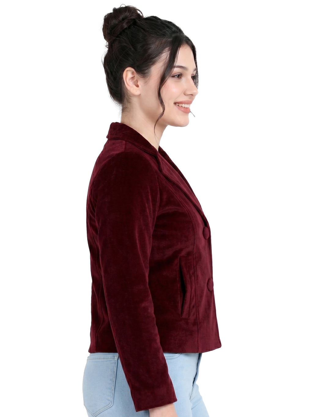 Leather Retail Women Full Sleeve Velvet Two Button Mahroon Jacket ( LRVEL2BMH )