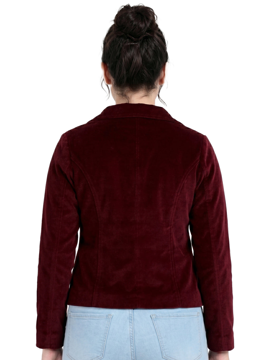 Leather Retail Women Full Sleeve Velvet Two Button Mahroon Jacket ( LRVEL2BMH )