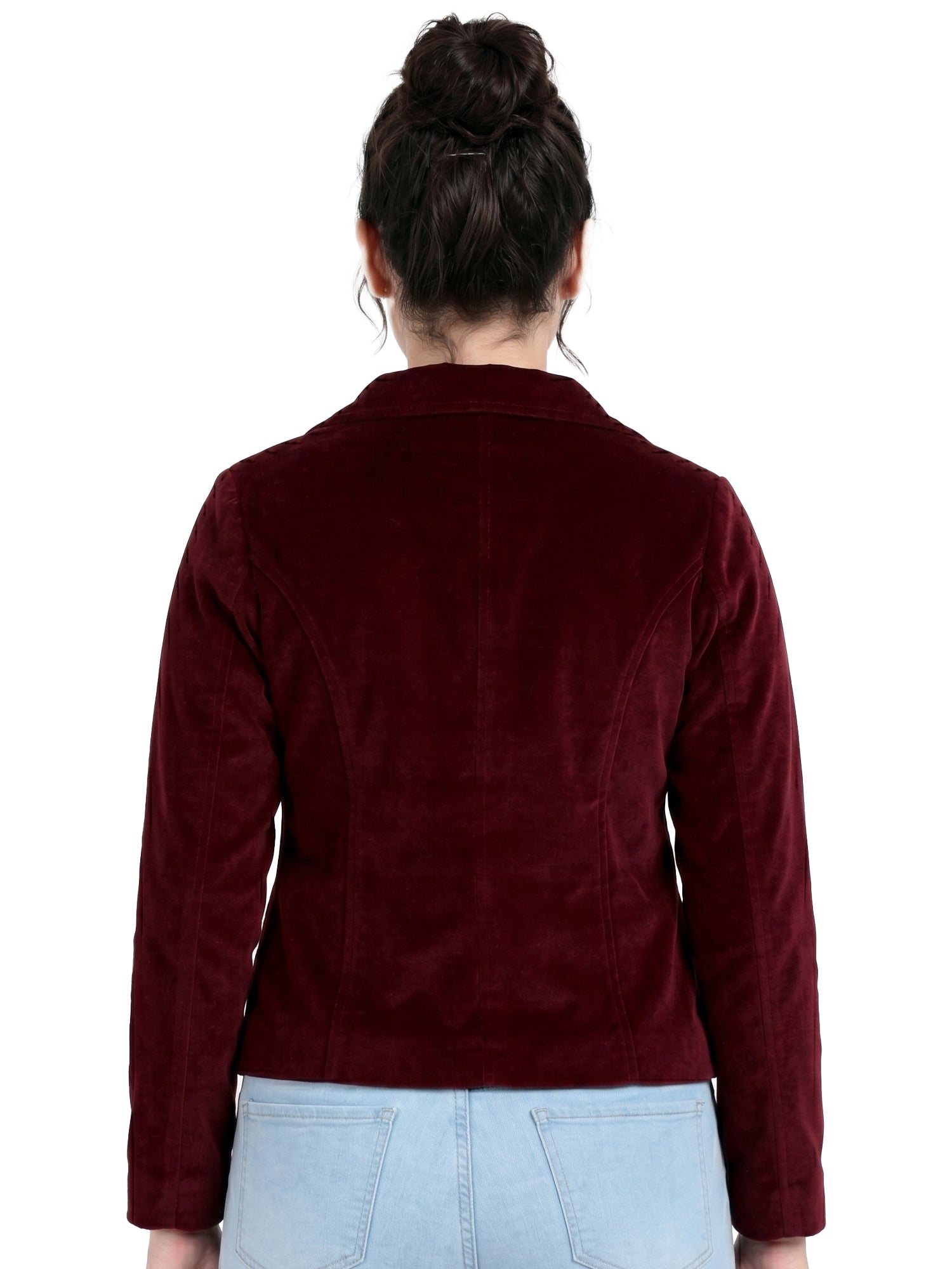 Leather Retail Women Full Sleeve Velvet Two Button Mahroon Jacket ( LRVEL2BMH )