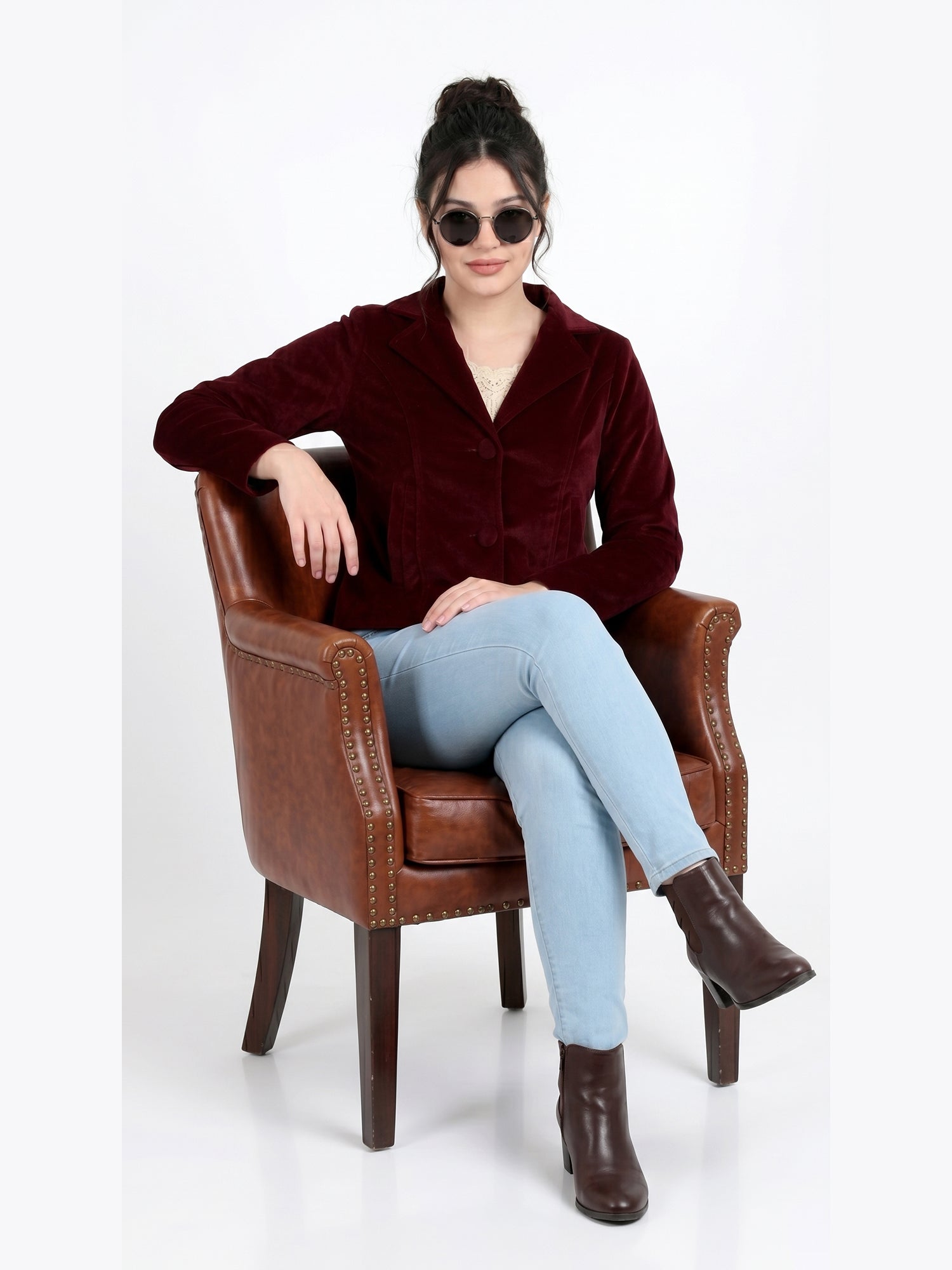Leather Retail Women Full Sleeve Velvet Two Button Mahroon Jacket ( LRVEL2BMH )