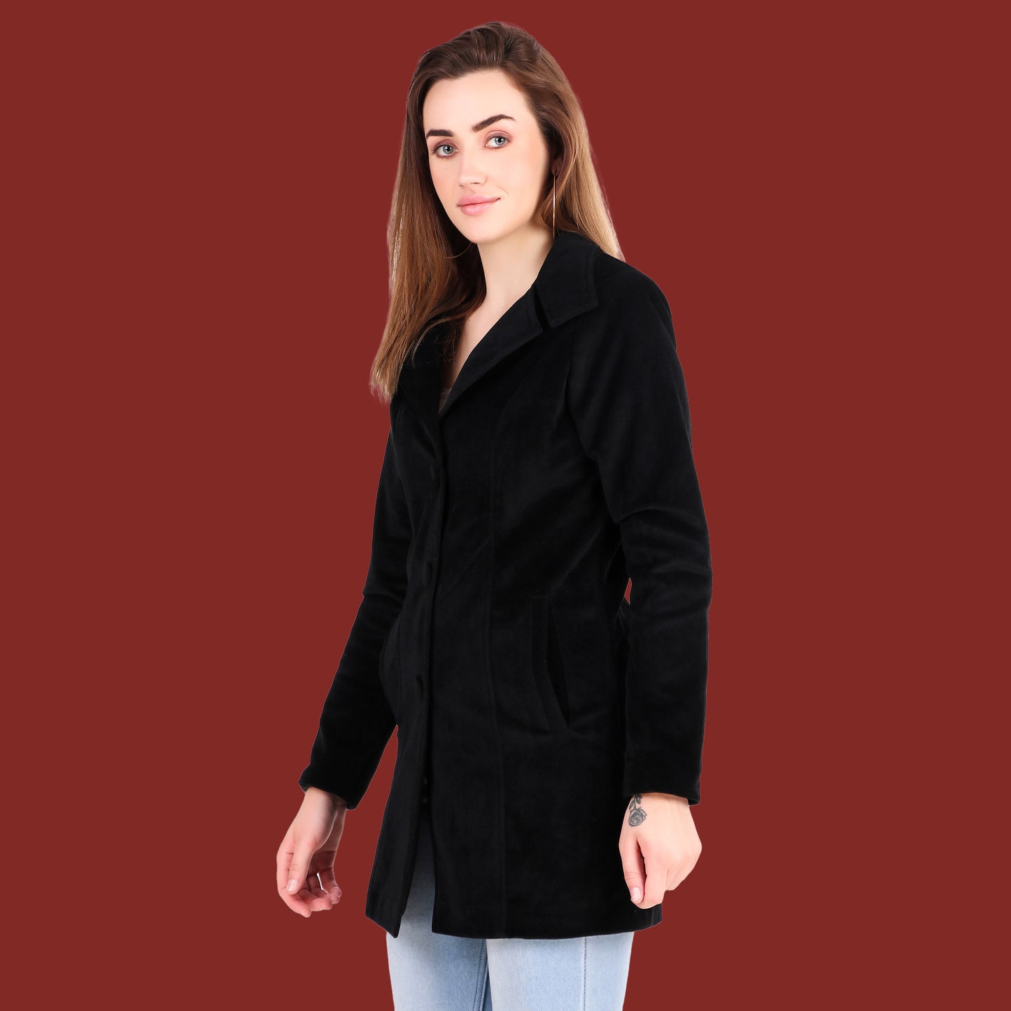 Leather Retail Long Winter Wear Velvet Jacket For Women's(LRVEL3BBL)