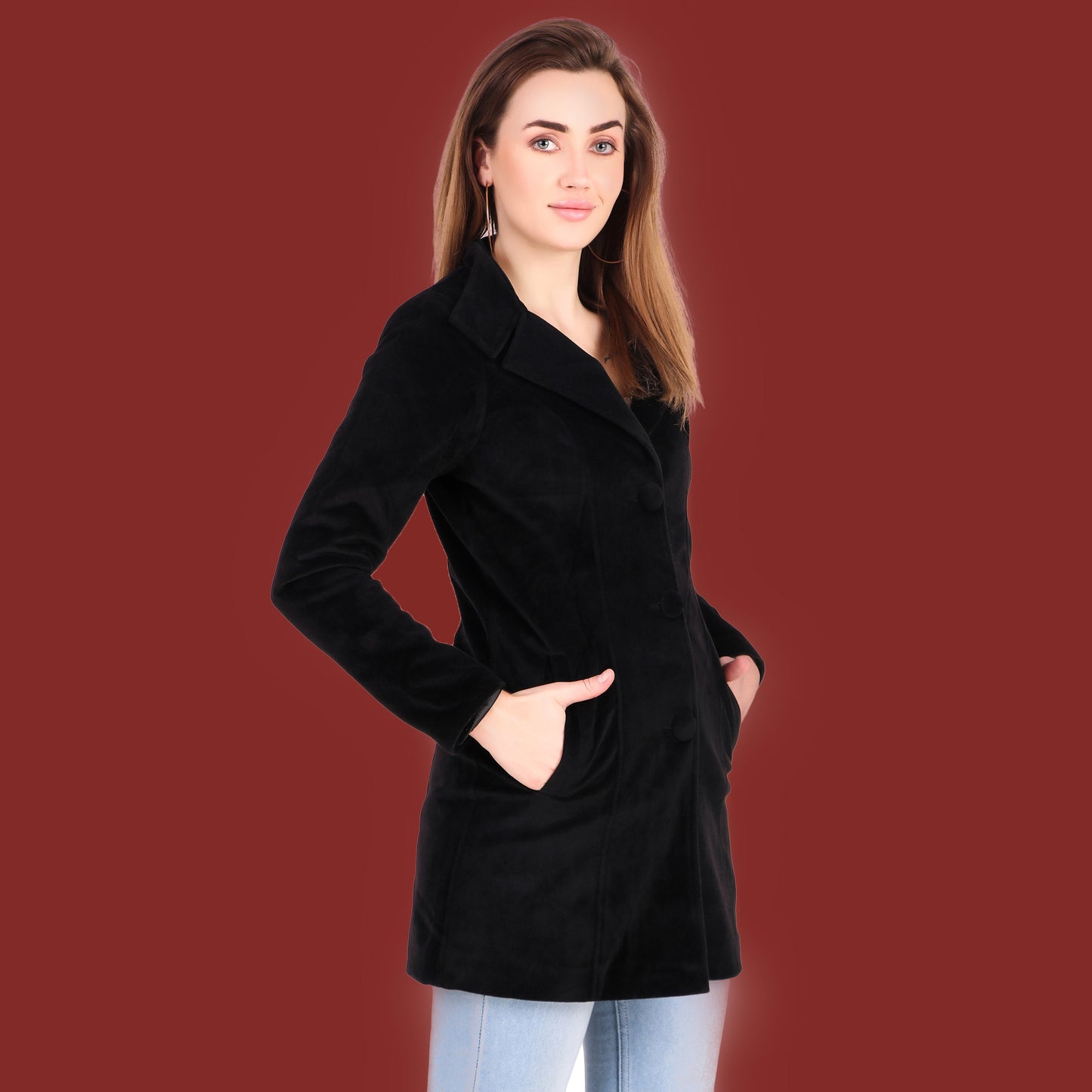 Leather Retail Long Winter Wear Velvet Jacket For Women's(LRVEL3BBL)