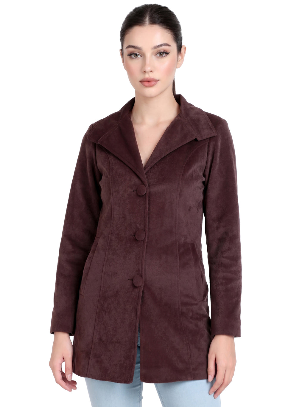 Leather Retail Women Full Sleeve Velvet Three Button Coffee Jacket ( LRVEL3BCO )