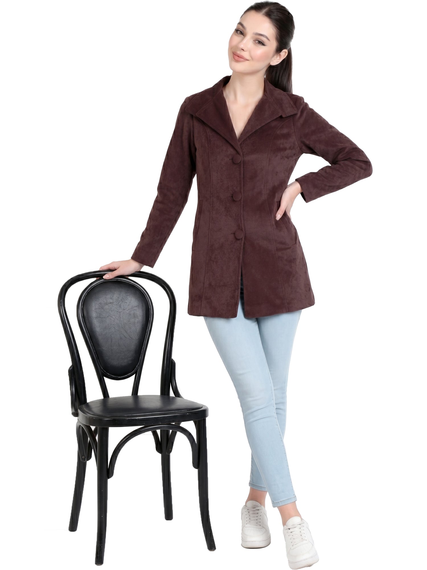 Leather Retail Women Full Sleeve Velvet Three Button Coffee Jacket ( LRVEL3BCO )