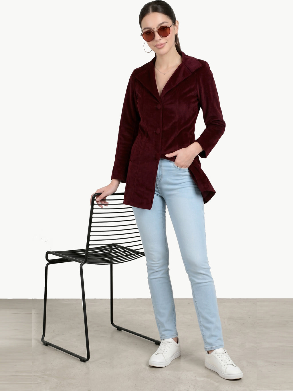 Leather Retail Women Full Sleeve Velvet Three Button Mahroon Jacket ( LRVEL3BMH )