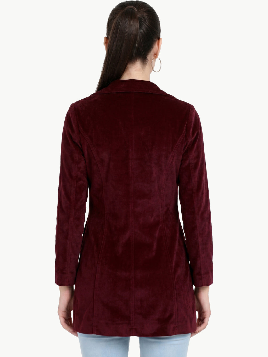 Leather Retail Women Full Sleeve Velvet Three Button Mahroon Jacket ( LRVEL3BMH )