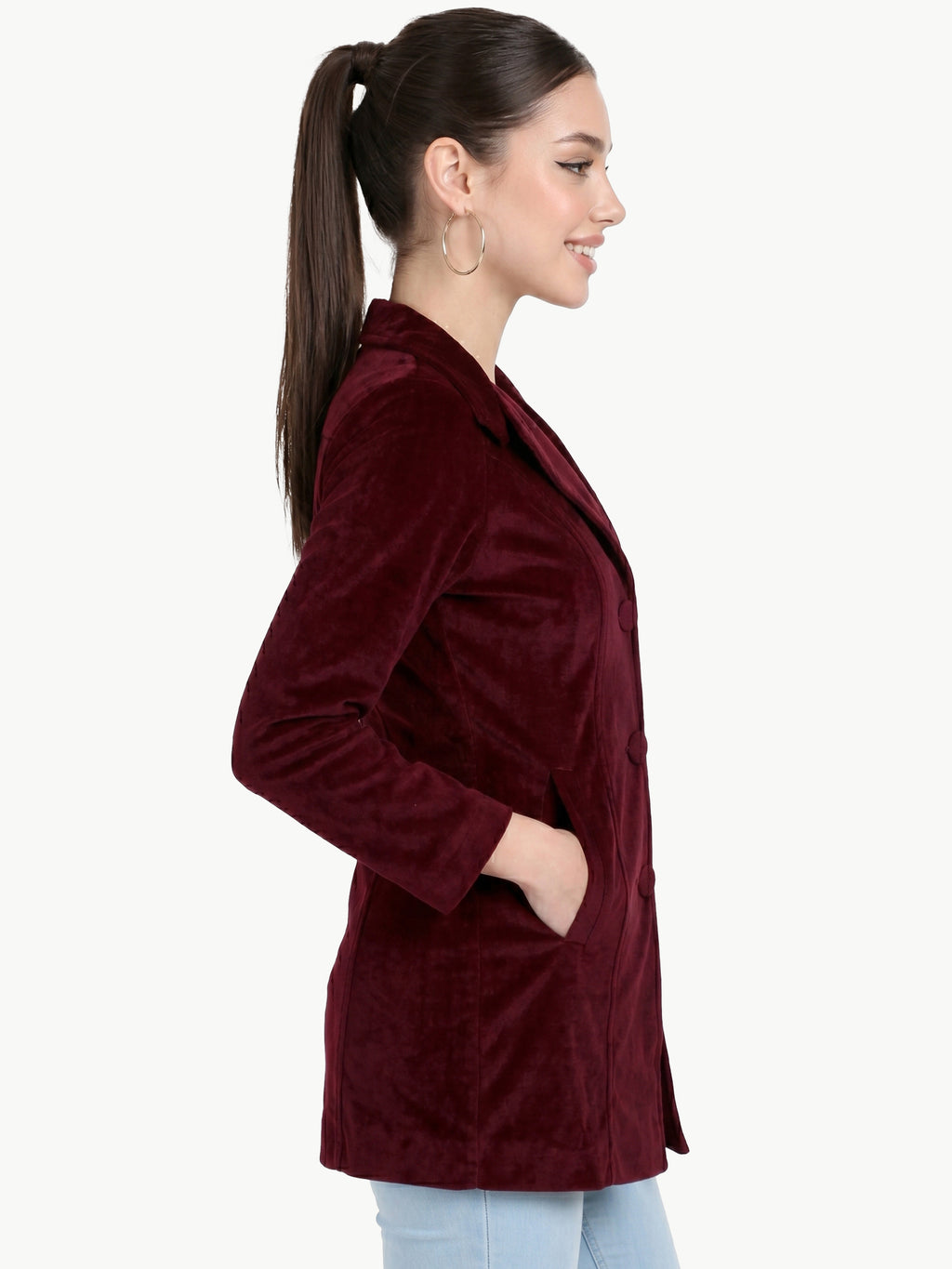 Leather Retail Women Full Sleeve Velvet Three Button Mahroon Jacket ( LRVEL3BMH )