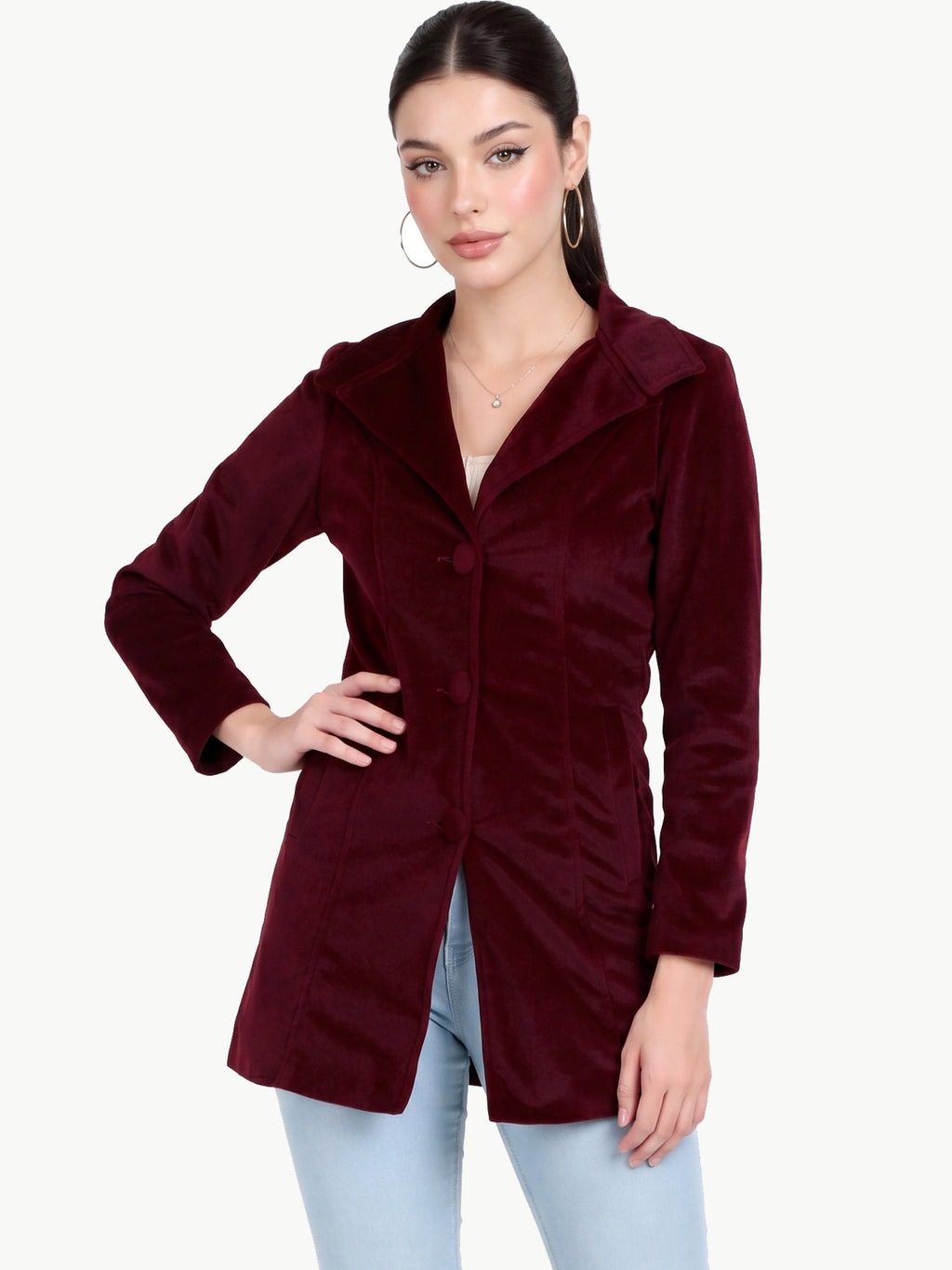 Leather Retail Women Full Sleeve Velvet Three Button Mahroon Jacket ( LRVEL3BMH )
