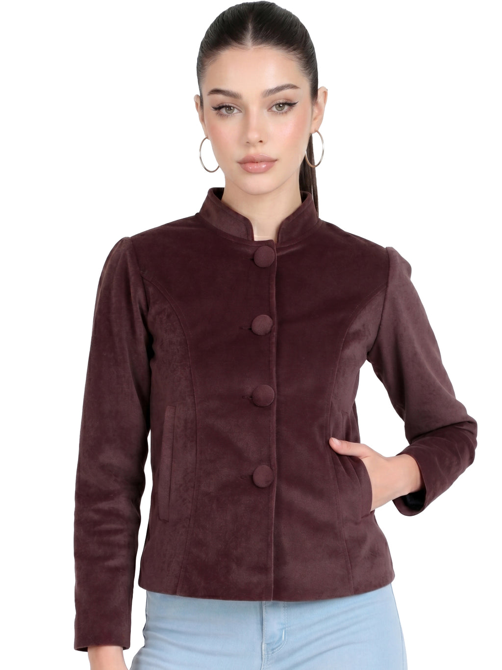 Leather Retail Women Full Sleeve Velvet Four Button Coffee Jacket ( LRVEL4BCO )