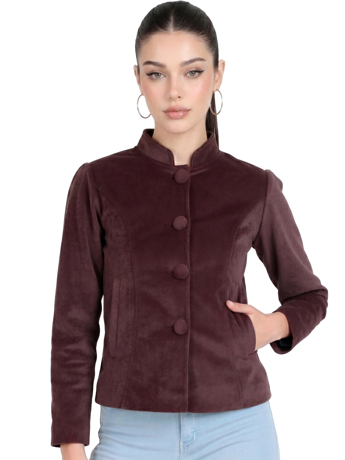 Leather Retail Women Full Sleeve Velvet Four Button Coffee Jacket