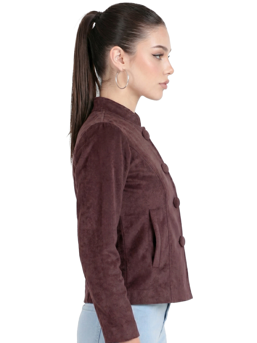 Leather Retail Women Full Sleeve Velvet Four Button Coffee Jacket ( LRVEL4BCO )