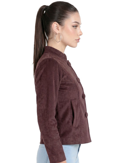 Leather Retail Women Full Sleeve Velvet Four Button Coffee Jacket
