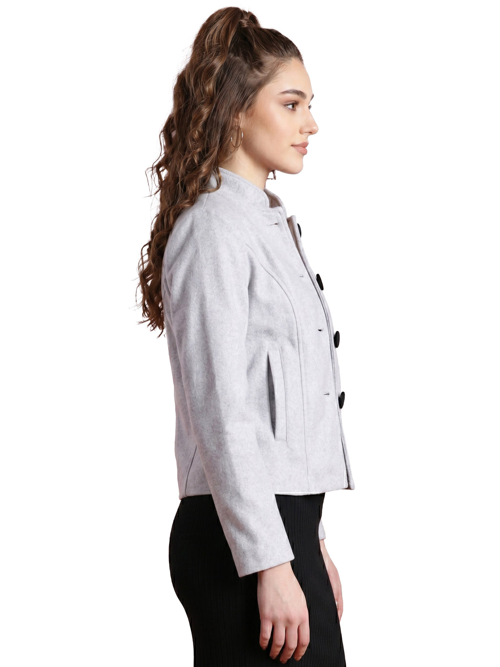 Leather Retail Women Full Sleeve Velvet Four Button Grey Jacket ( LRVEL4BGE )