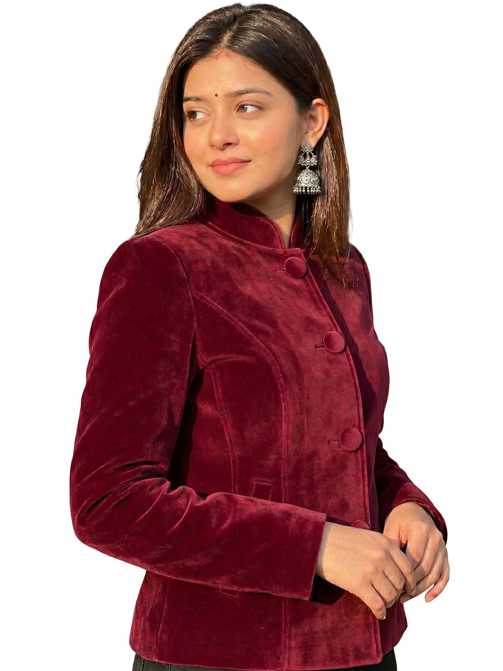 Leather Retail Women Full Sleeve Velvet Three Button Mahroon Jacket ( LRVEL4BMH )