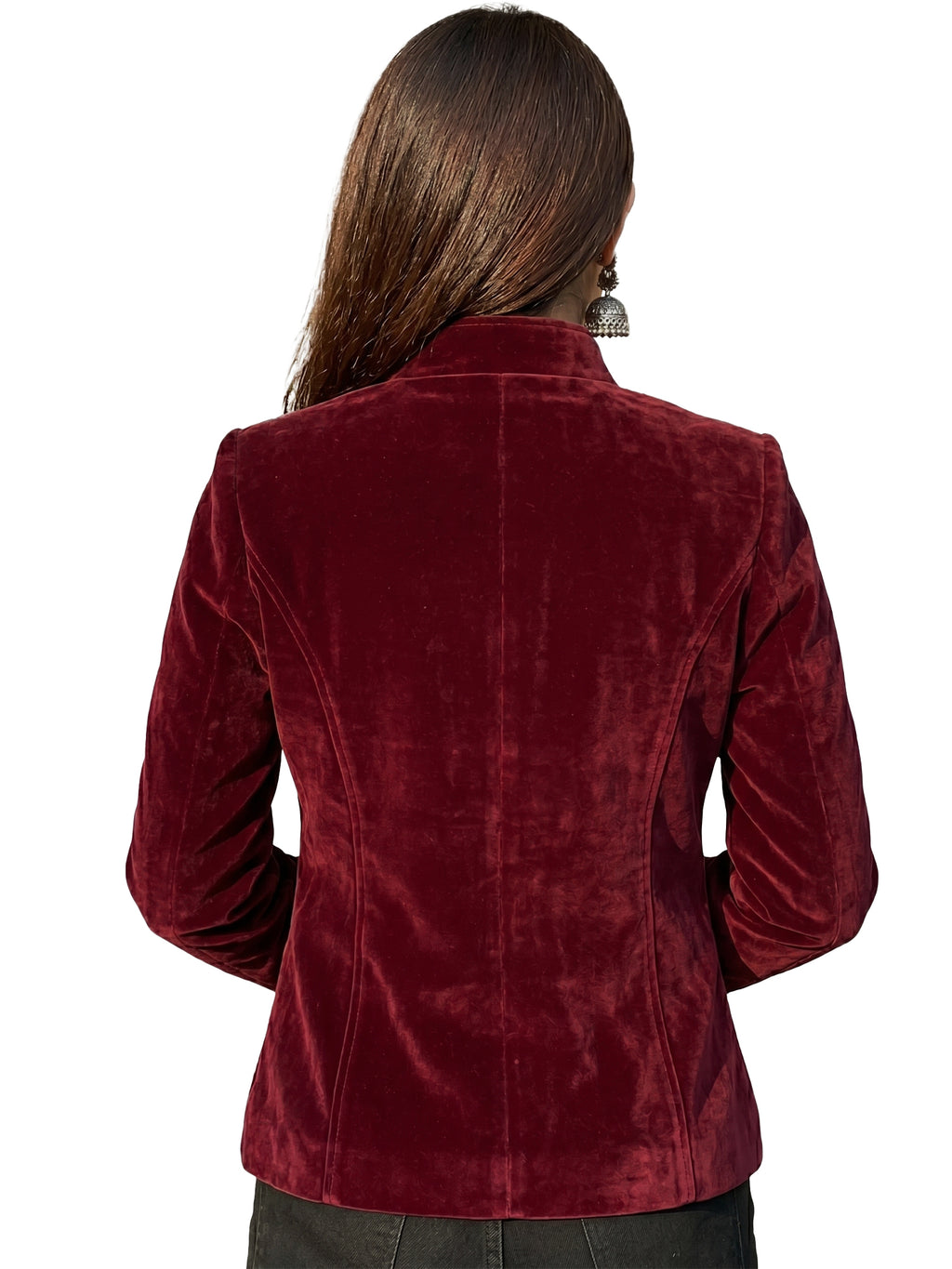Leather Retail Women Full Sleeve Velvet Three Button Mahroon Jacket ( LRVEL4BMH )