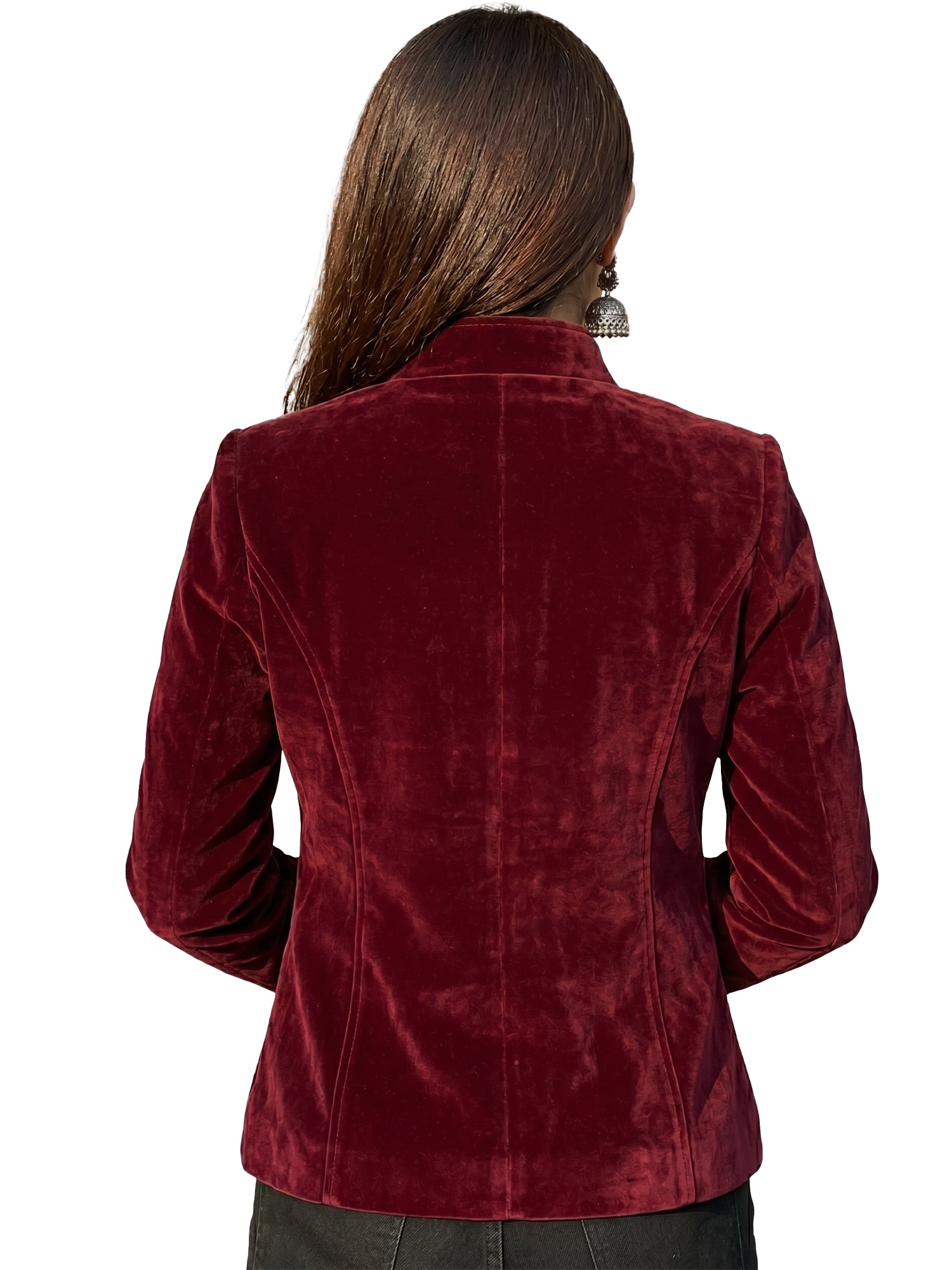 Leather Retail Women Full Sleeve Velvet Three Button Mahroon Jacket ( LRVEL4BMH )