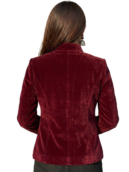 Leather Retail Women Full Sleeve Velvet Three Button Mahroon Jacket