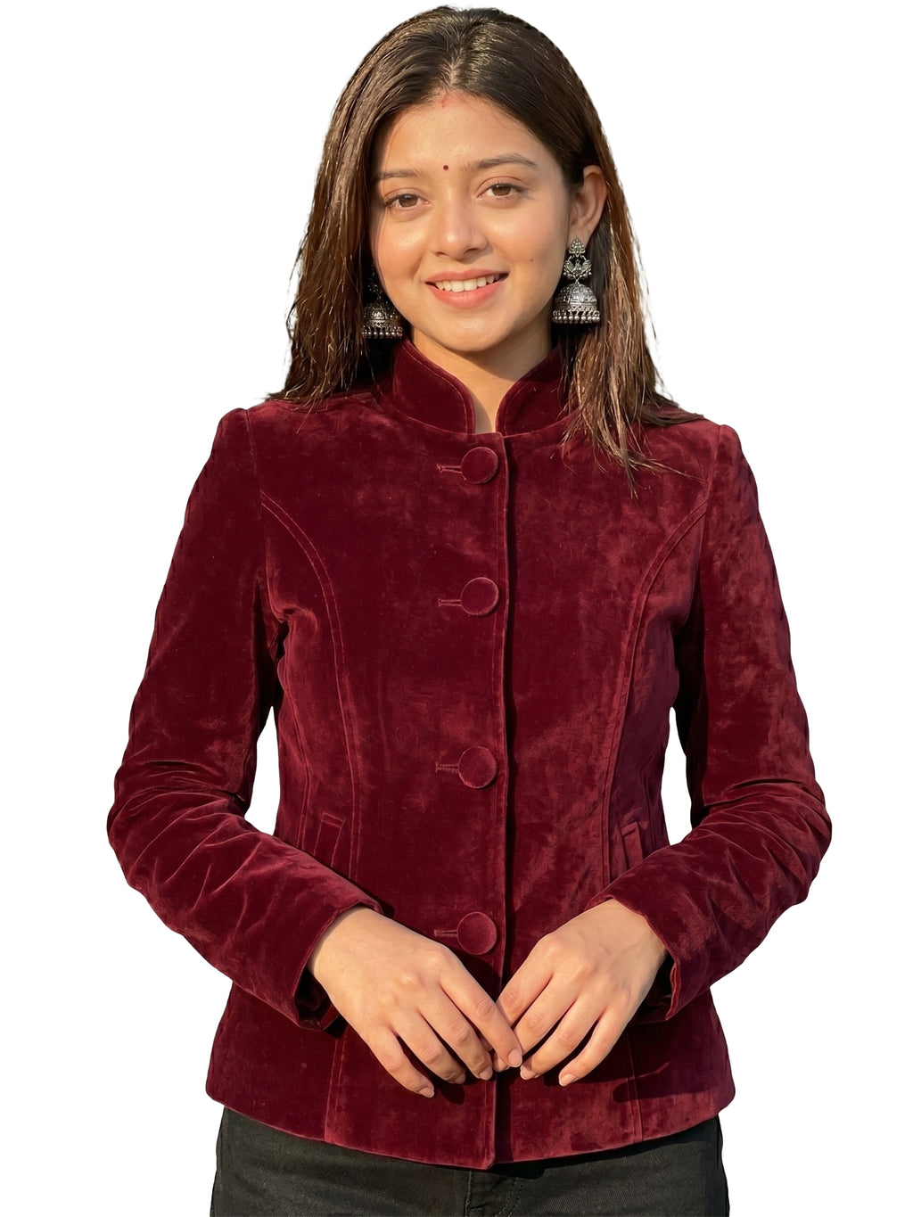 Leather Retail Women Full Sleeve Velvet Three Button Mahroon Jacket ( LRVEL4BMH )