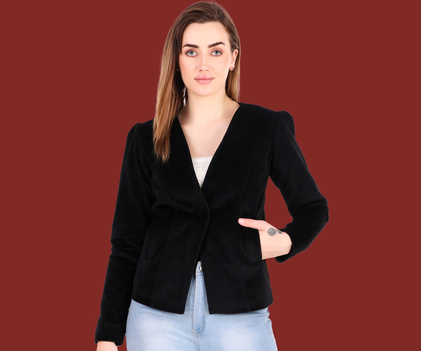 Leather Retail Single Button Winter Wear Velvet Jacket For Women's (LRVELSBBL)