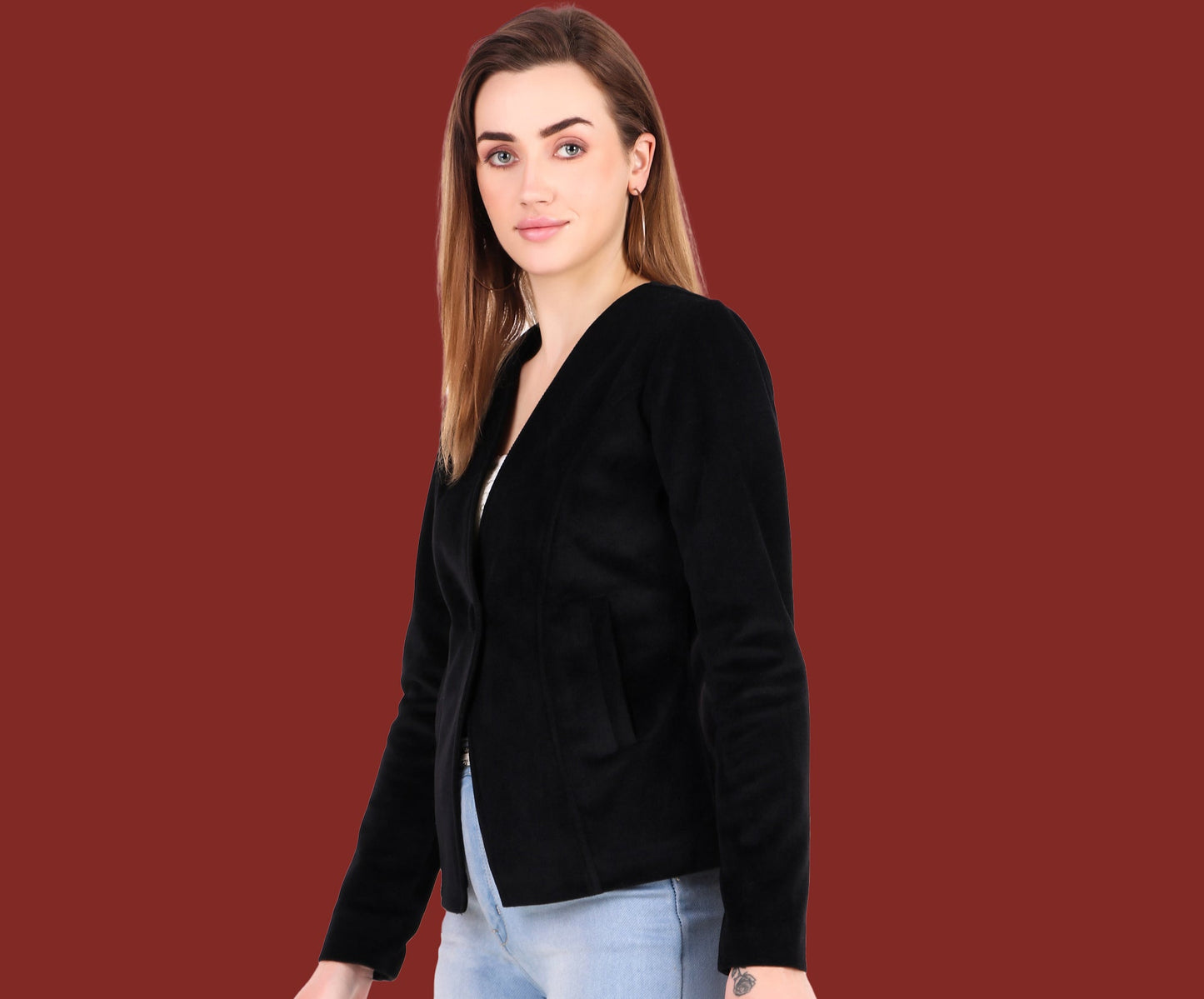 Leather Retail Single Button Winter Wear Velvet Jacket For Women's (LRVELSBBL)