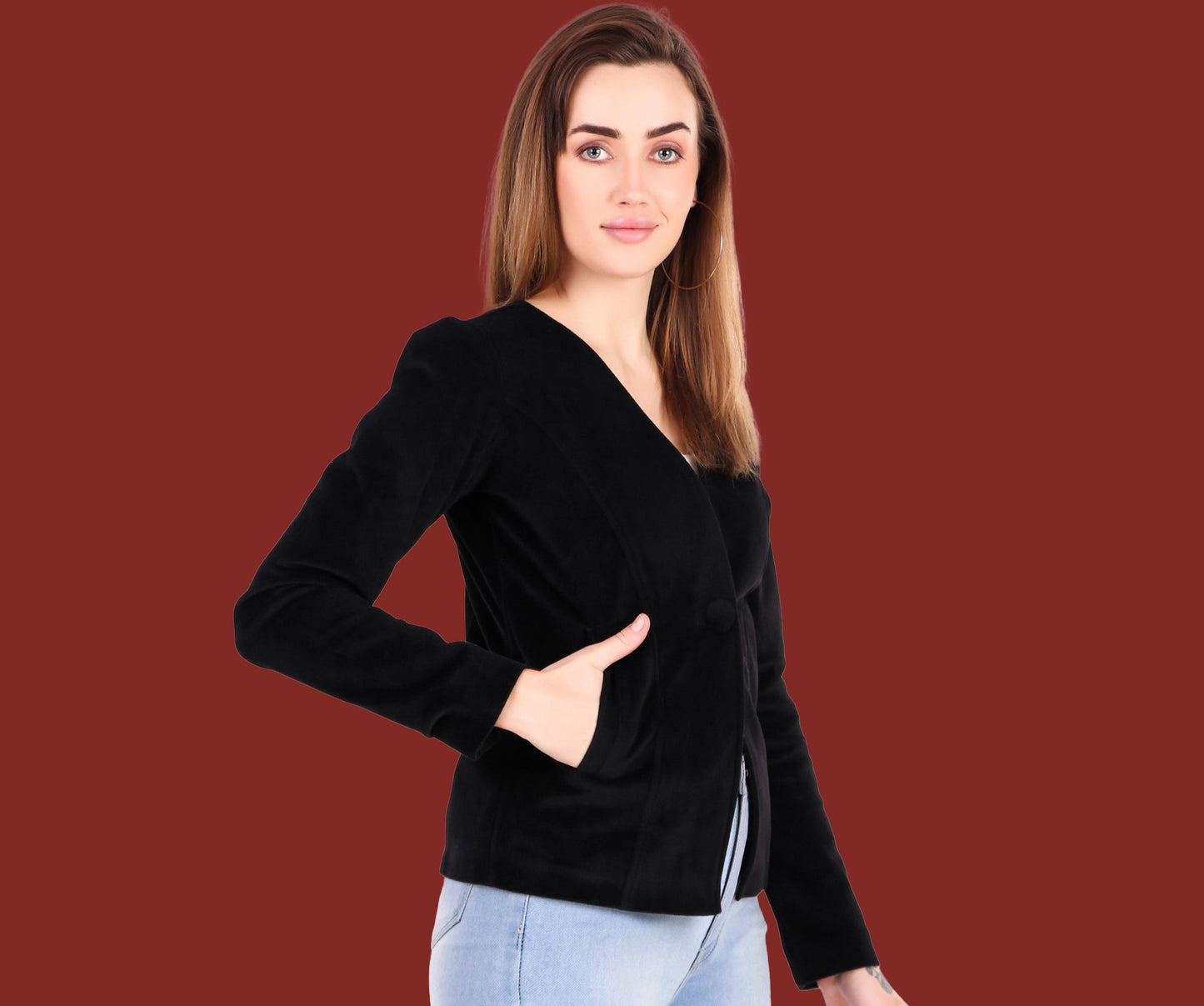 Leather Retail Single Button Winter Wear Velvet Jacket For Women's (LRVELSBBL)