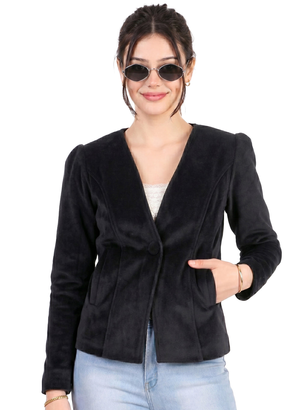 Leather Retail Single Button Winter Wear Velvet Jacket For Women's ( LRVELSBBL )