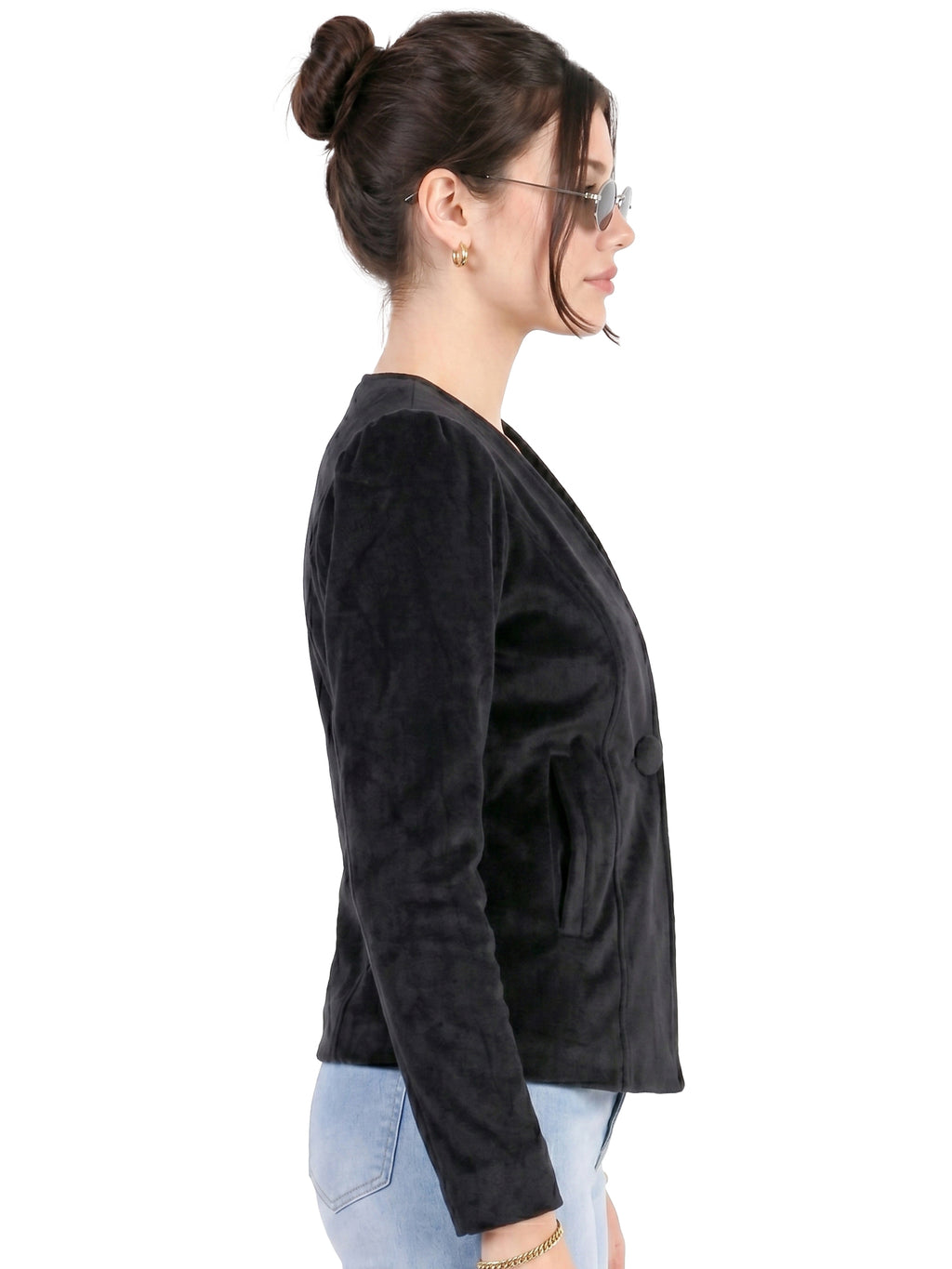 Leather Retail Single Button Winter Wear Velvet Jacket For Women's ( LRVELSBBL )