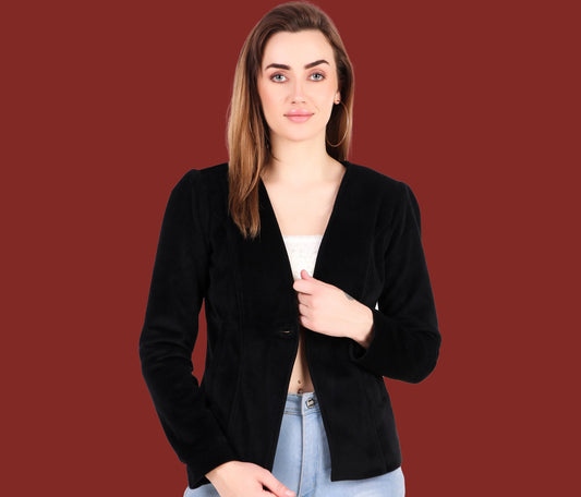 Leather Retail Single Button Winter Wear Velvet Jacket For Women's (LRVELSBBL)