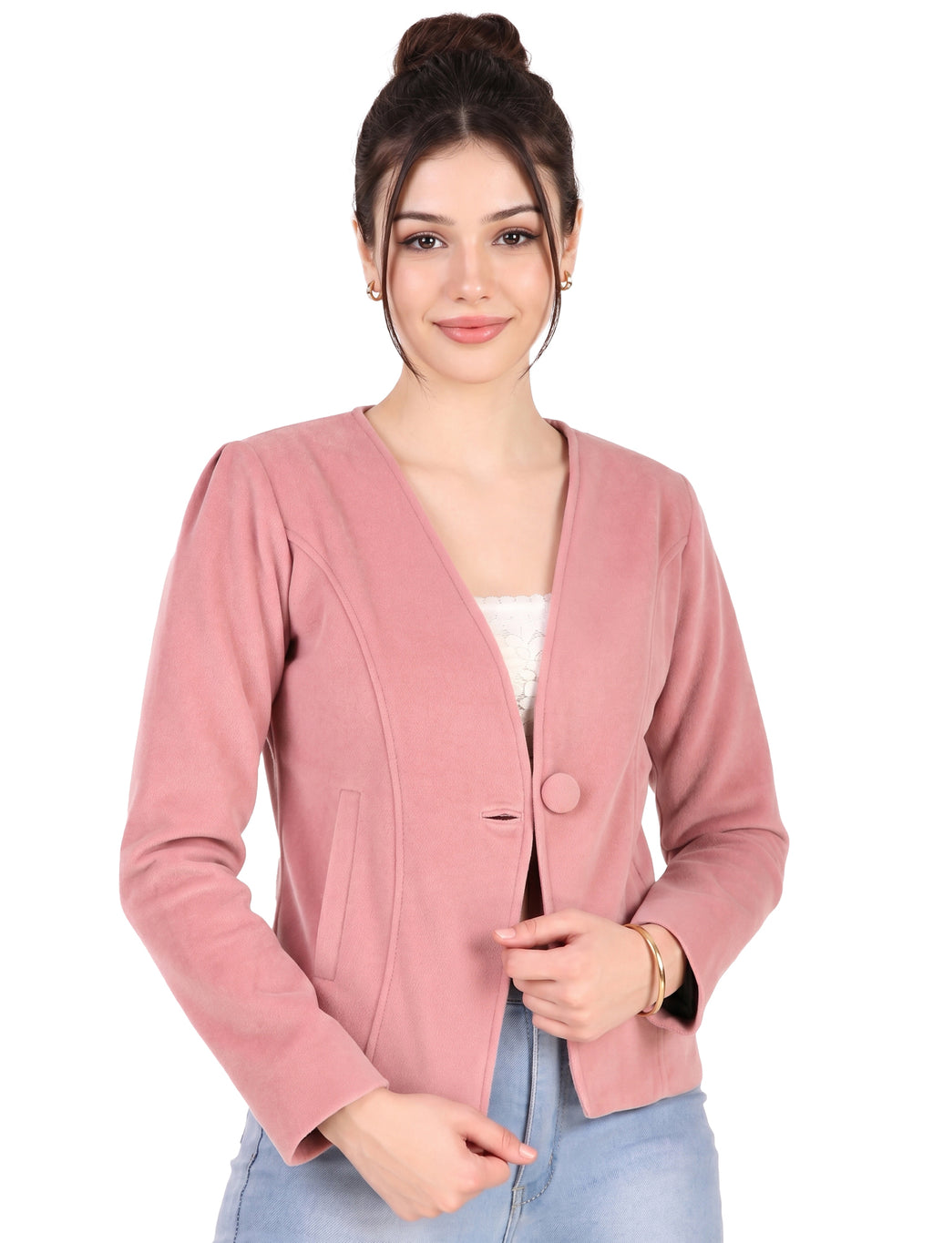 Leather Retail Single Button Winter Wear Velvet Jacket For Women's ( LRVELSBPN )