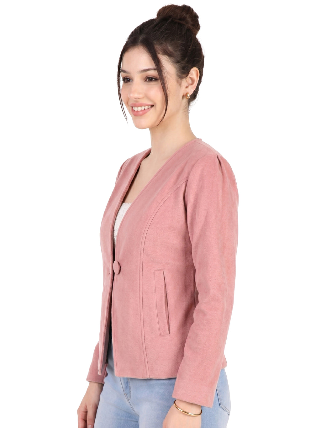 Leather Retail Single Button Winter Wear Velvet Jacket For Women's ( LRVELSBPN )