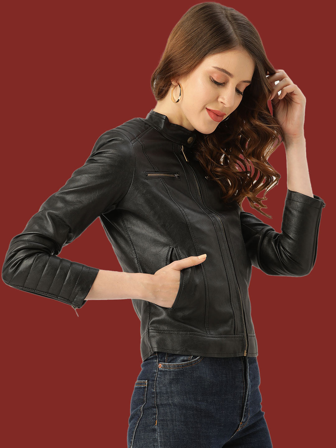 Leather Retail Full Sleeve Solid Jacket for Women's(LRWBN)