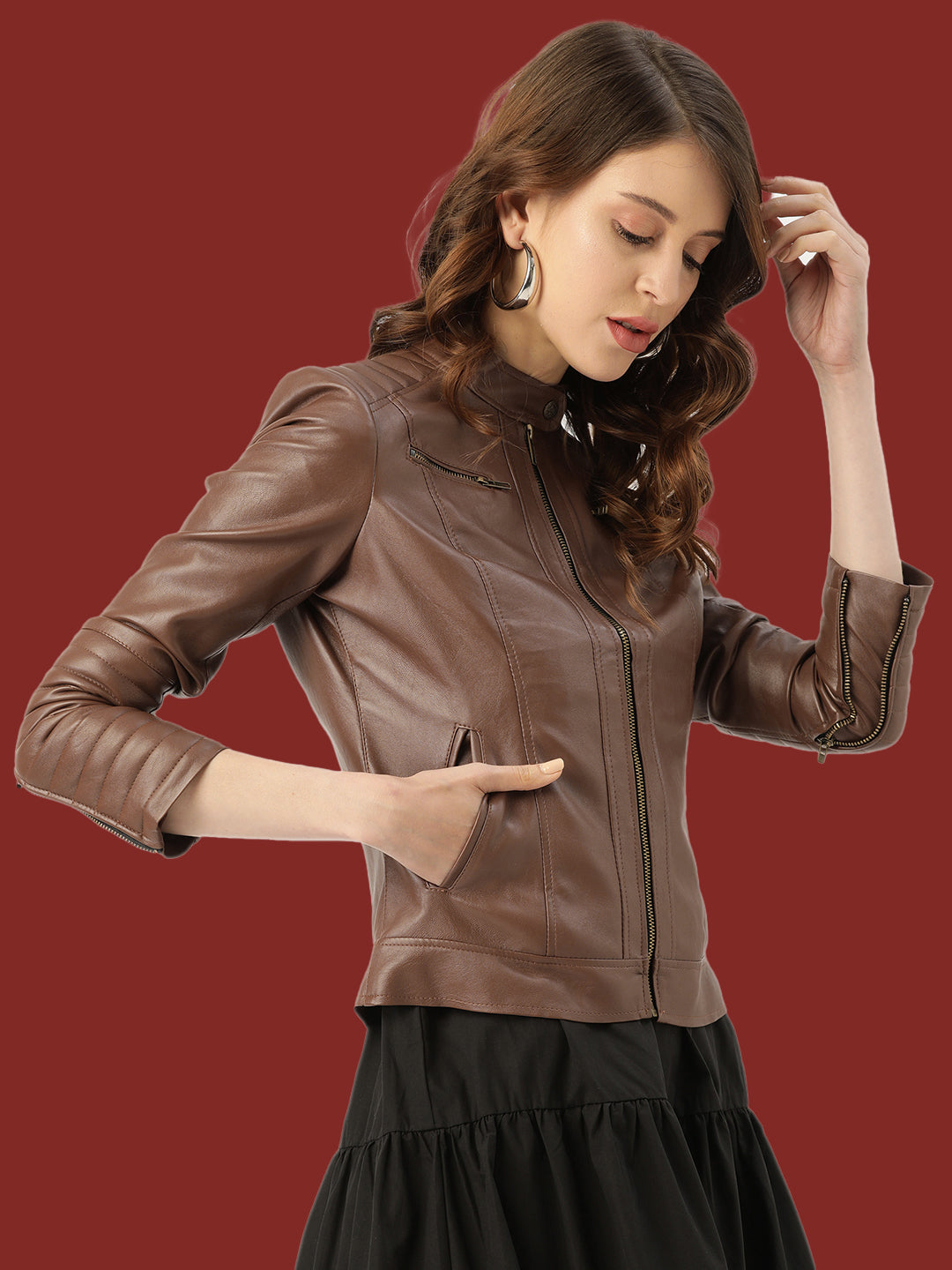 Leather Retail Full Sleeve Solid Jacket for Women's (LRWBR)