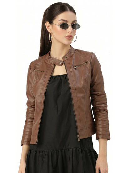 Leather Retail Full Sleeve Solid Jacket for Women's