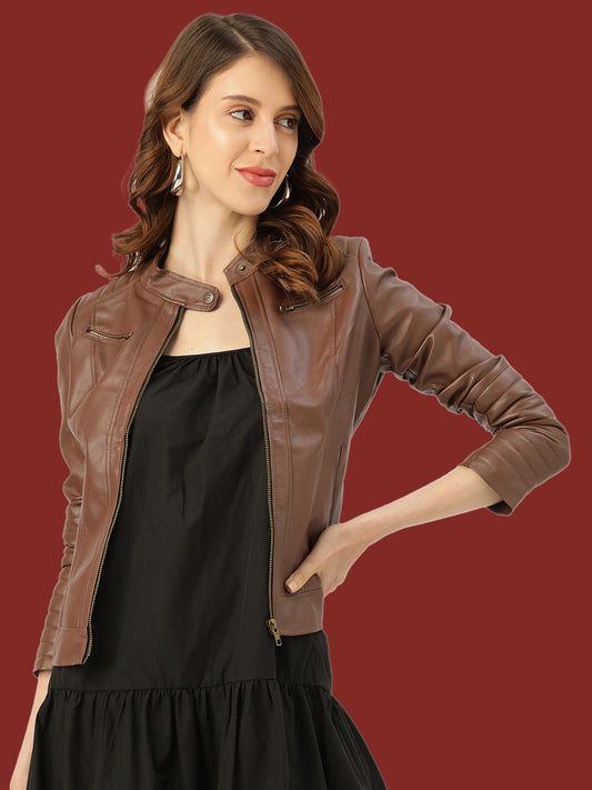 Leather Retail Full Sleeve Solid Jacket for Women's (LRWBR)