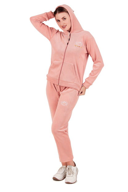 Leather Retail velvet regular fit track suit for Women's (Pink)