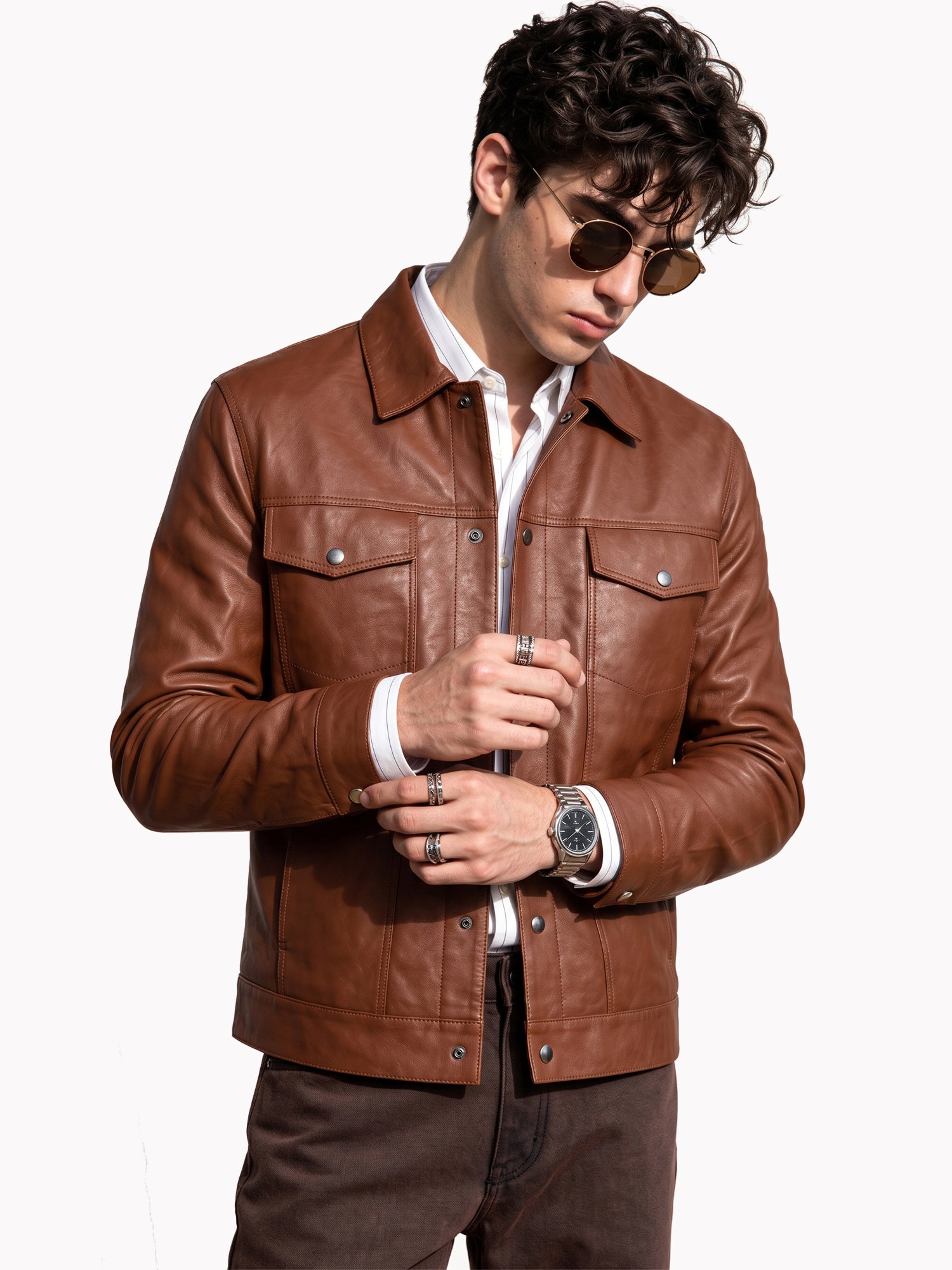 Leather Retail Brown Faux Leather Jacket for Men's with Snap Button Closure ( LRM50BR )