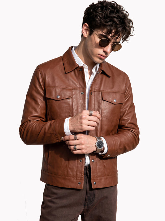 Leather Retail Brown Faux Leather Jacket for Men's with Snap Button Closure
