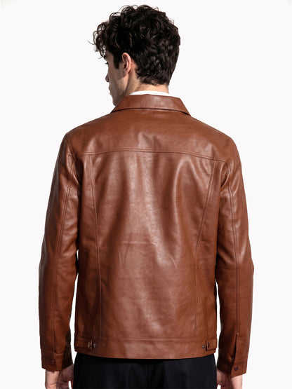 Leather Retail Brown Faux Leather Jacket for Men's with Snap Button Closure