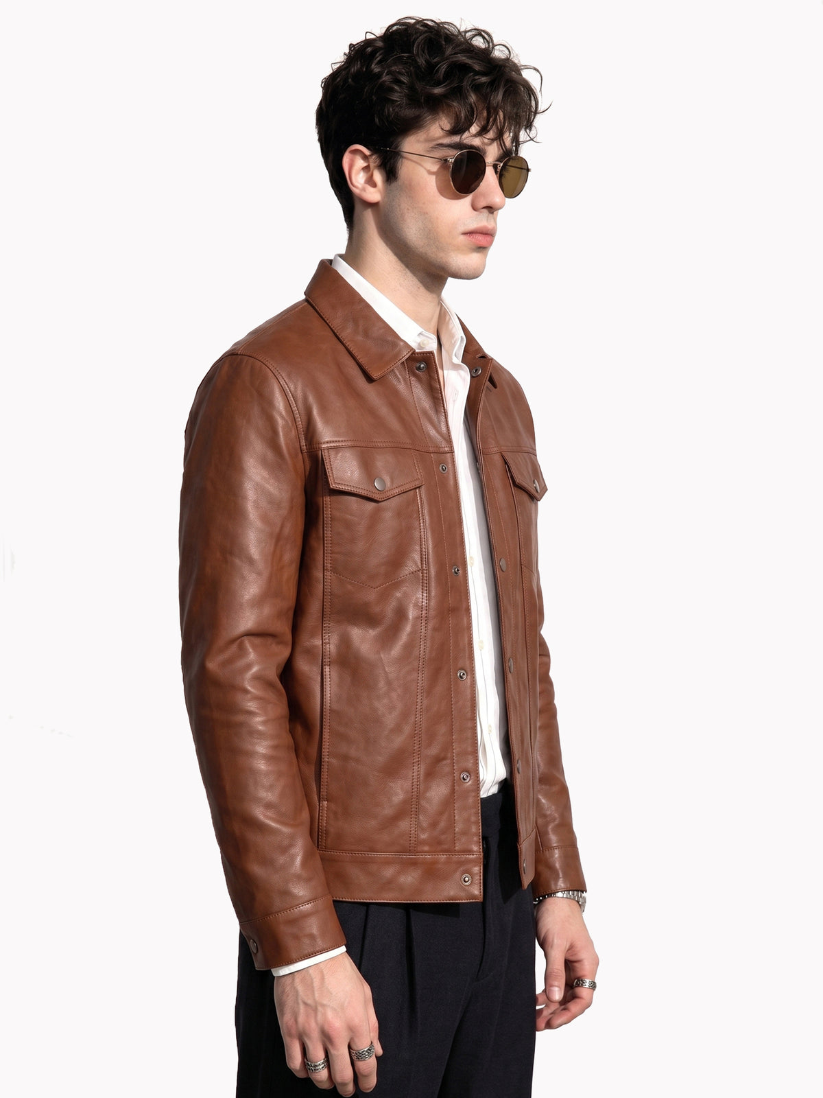 Leather Retail Brown Faux Leather Jacket for Men's with Snap Button Closure