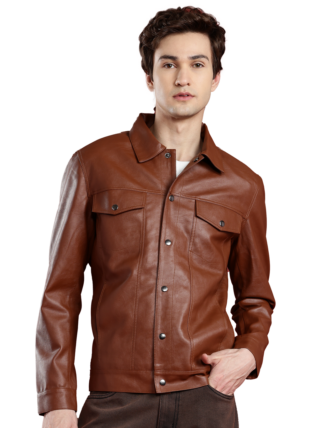 Leather Retail Brown Faux Leather Jacket for Men's with Snap Button Closure ( LRM50BR )