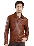 Leather Retail Brown Faux Leather Jacket for Men's with Snap Button Closure ( LRM50BR )