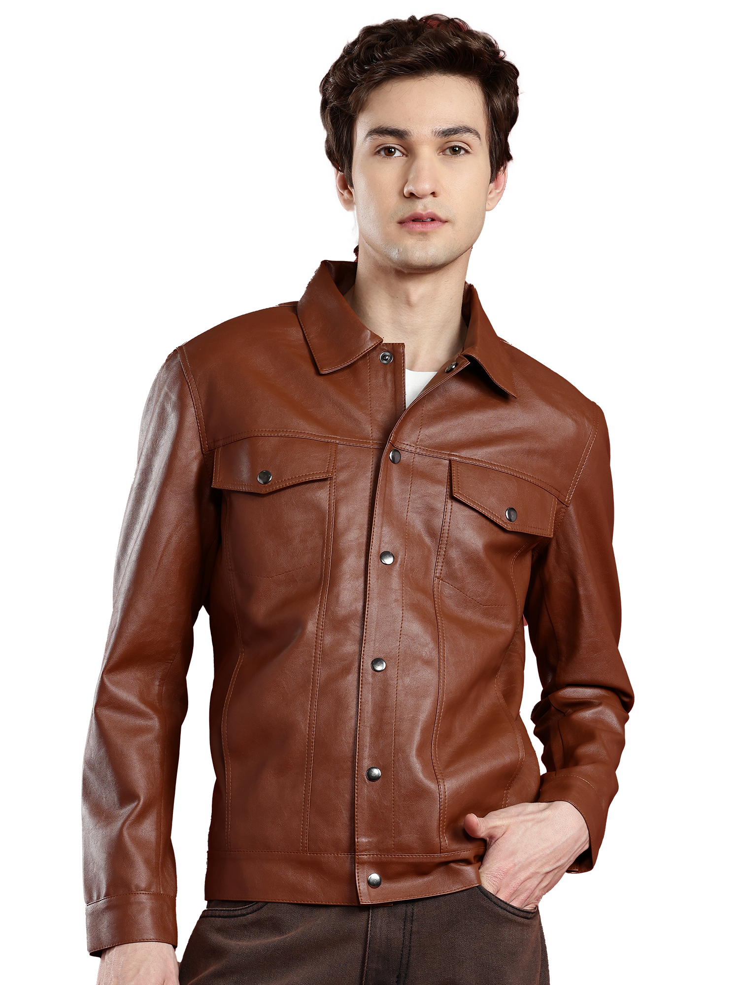 Leather Retail Brown Faux Leather Jacket for Men's with Snap Button Closure ( LRM50BR )