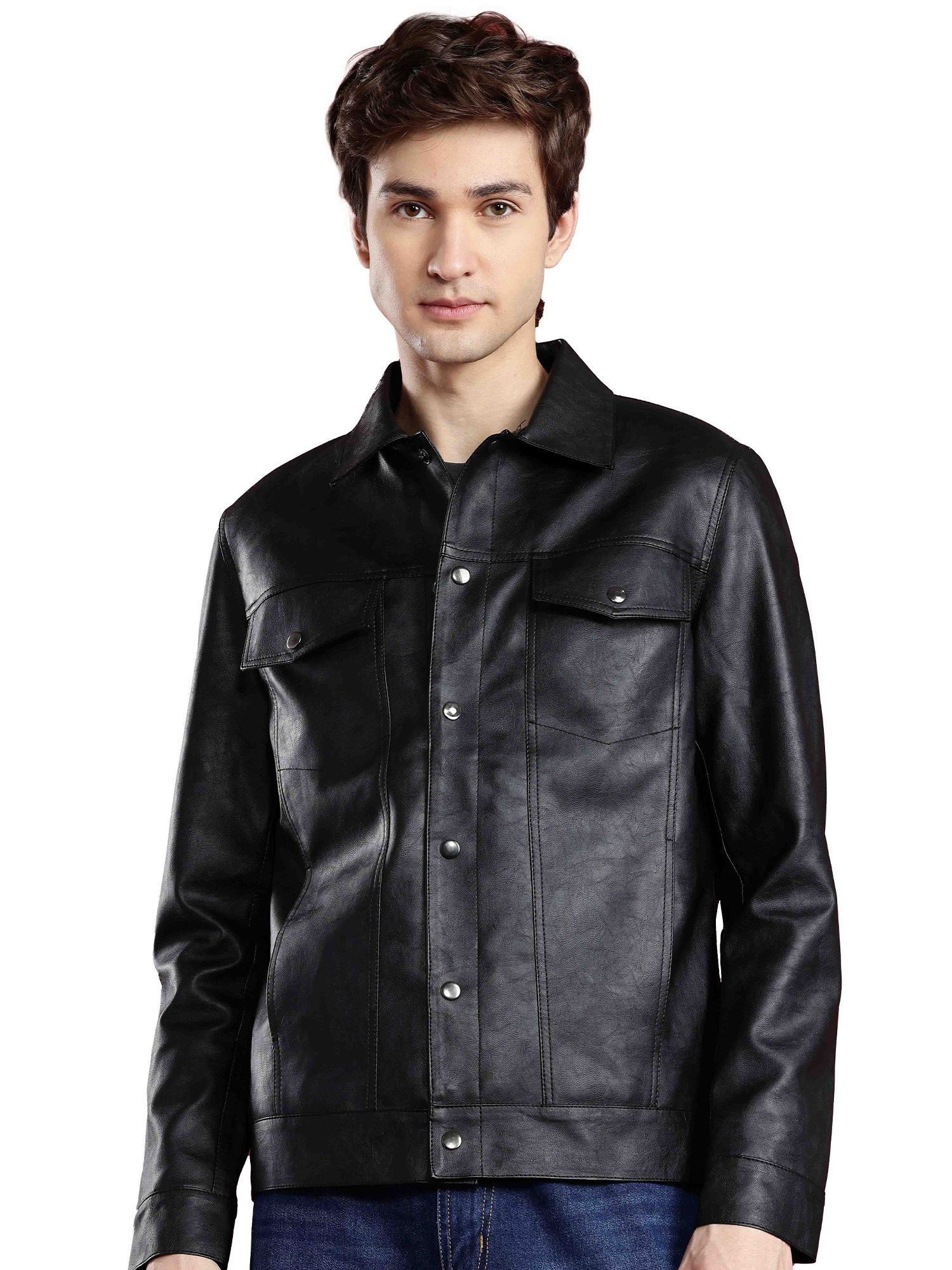 Leather Retail Black Faux Leather Jacket for Men's with Snap Button Closure ( LRM50BL )