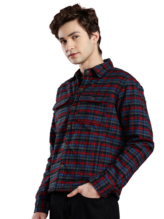 Leather Retail Vibrant Red and Blue Check Multicoloured Tweed Jacket