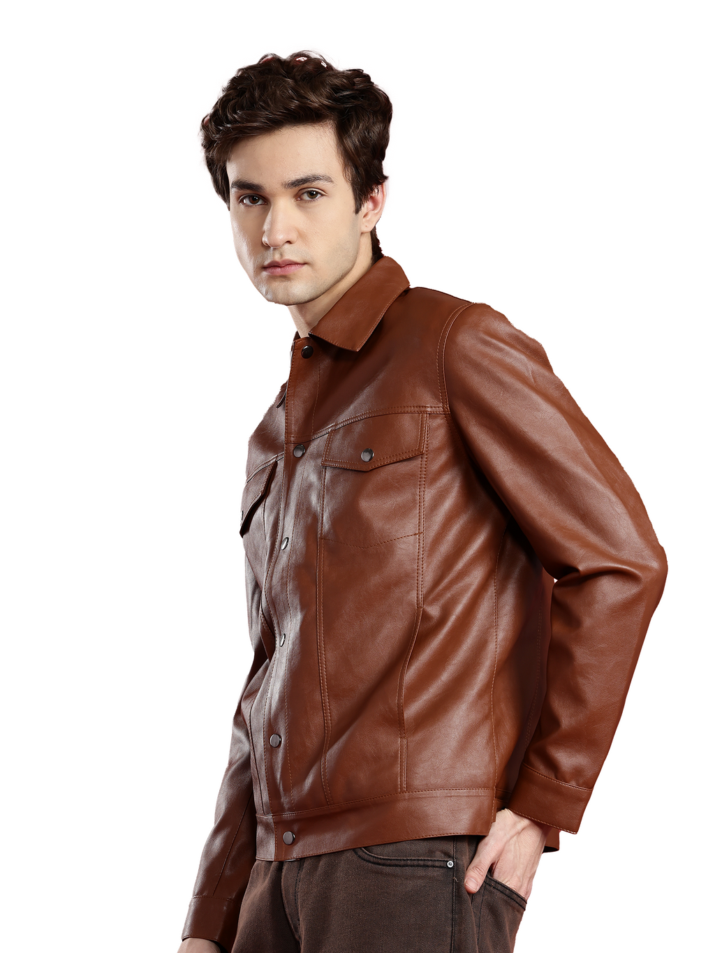 Leather Retail Brown Faux Leather Jacket for Men's with Snap Button Closure ( LRM50BR )