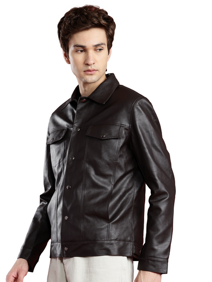 Leather Retail Coffee Faux Leather Jacket for Men's with Snap Button Closure ( LRM50CO )