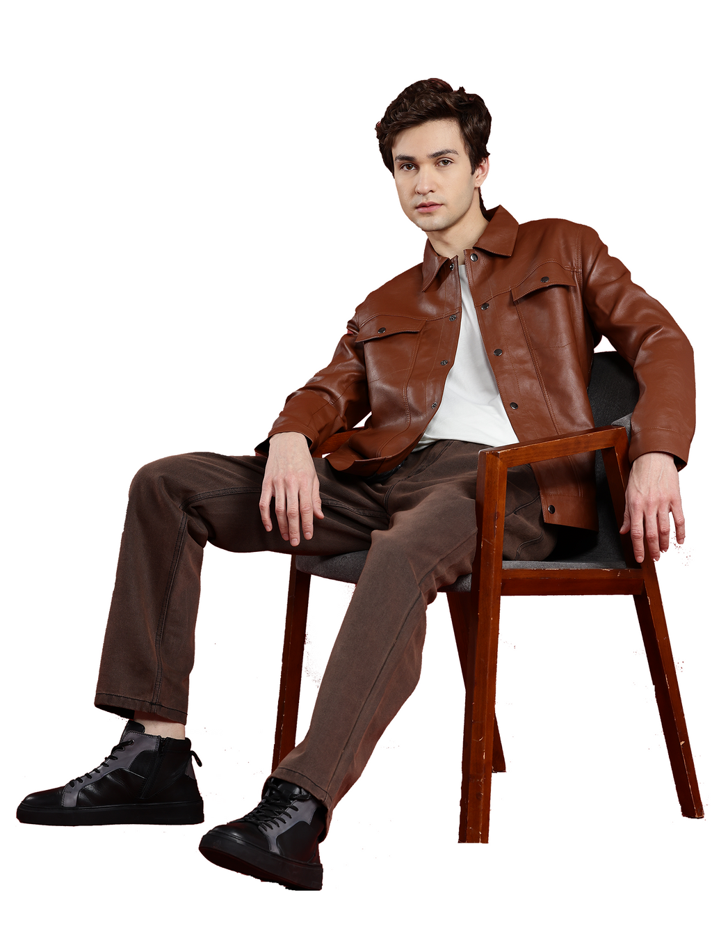 Leather Retail Brown Faux Leather Jacket for Men's with Snap Button Closure ( LRM50BR )