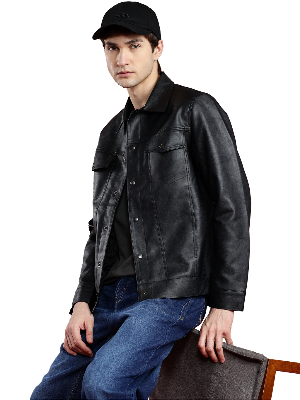 Leather Retail Black Faux Leather Jacket for Men's with Snap Button Closure ( LRM50BL )