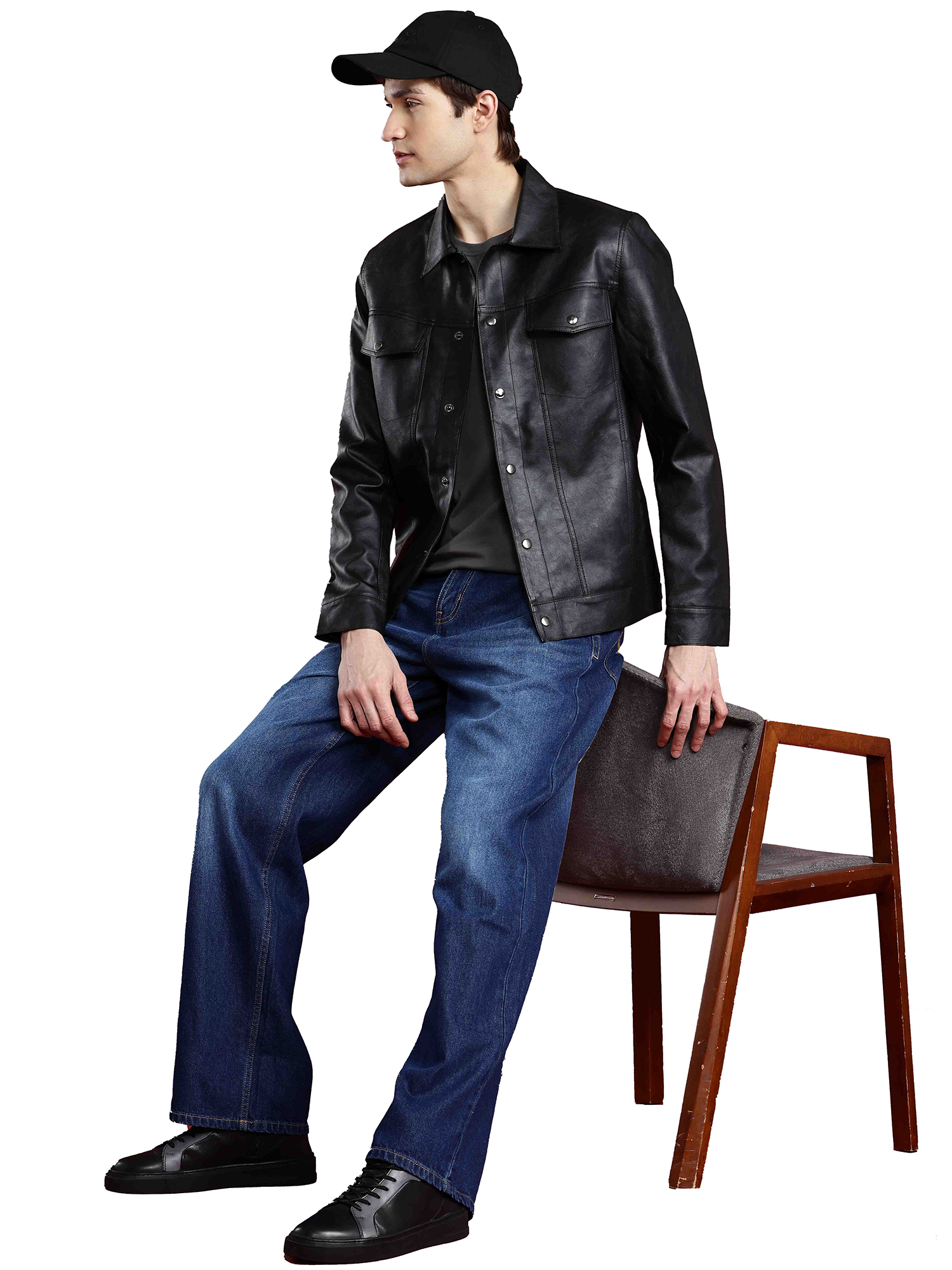 Leather Retail Black Faux Leather Jacket for Men's with Snap Button Closure ( LRM50BL )
