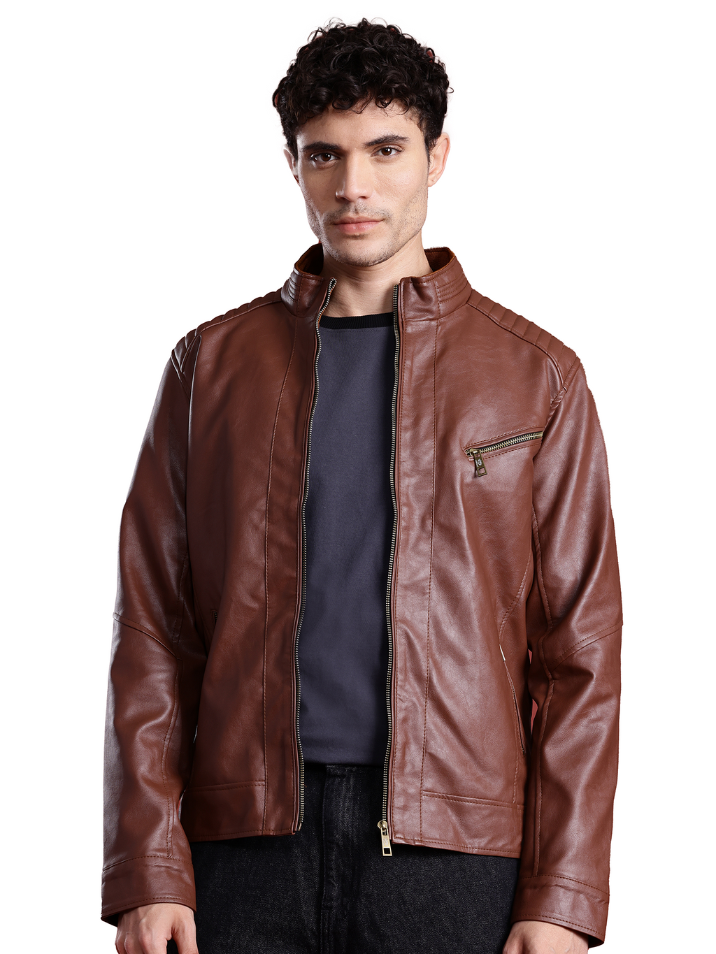 Leather Retail Full Sleeve Men's PU Brown Jacket ( LRM48BR )